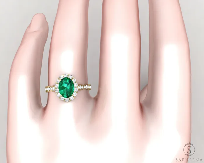 Noya 125 Ct Oval Cut Halo Green Emerald Engagement Ring with Side Stones Sapheena Jewelry Rings
