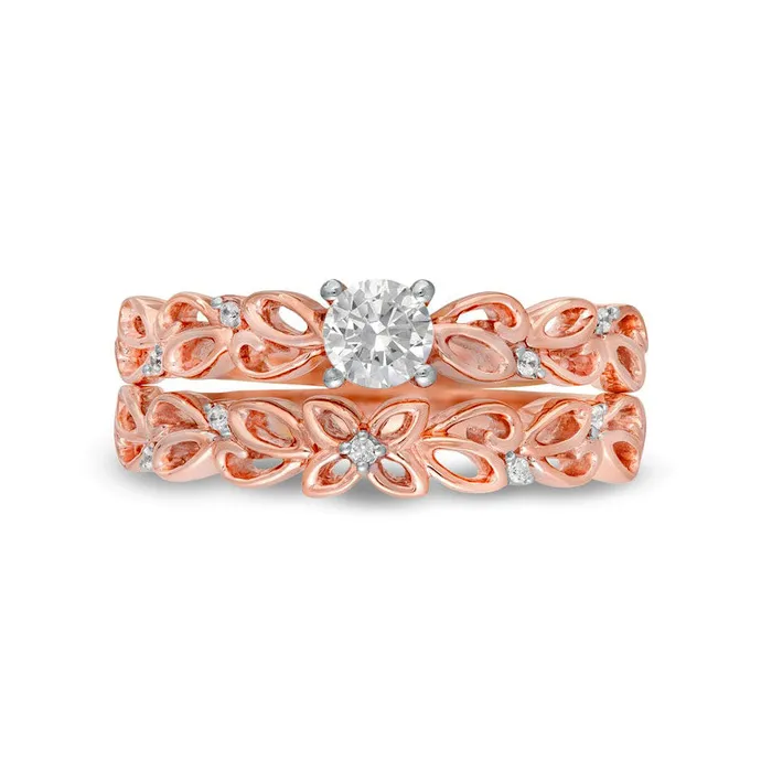 033 CT TW Natural Diamond Open Floral Bridal Engagement Ring Set in Solid 10K Rose Gold Goldia Rings 033 CT TW Natural Diamond Open Floral Bridal Engagement Ring Set in Solid 10K Rose Gold Goldia Rings