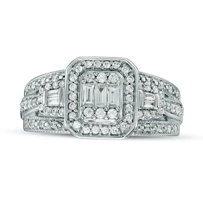 050 CT TW Composite Natural Diamond Octagonal Frame Antique VintageStyle Engagement Ring in Solid 14K White Gold Goldia Rings