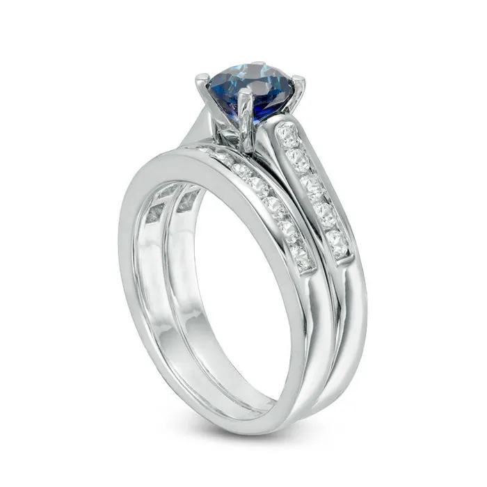 60mm LabCreated Blue and White Sapphire Bridal Engagement Ring Set in Sterling Silver Goldia Rings