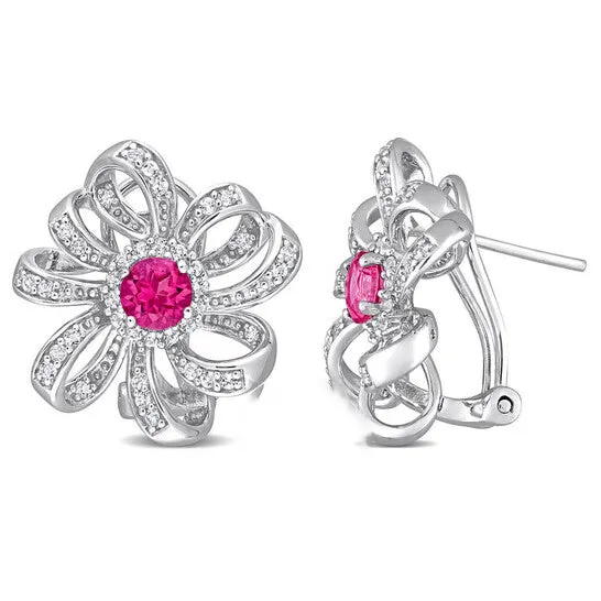 Earrings JMS always Original AMOUR 2 CT TGW Pink Topaz and White Topaz Flower Omega Clip Earrings In Sterling Silver Earrings JMS always Original AMOUR 2 CT TGW Pink Topaz and White Topaz Flower Omega Clip Earrings In Sterling Silver