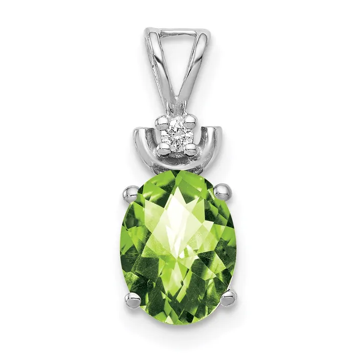 Goldiacom Necklaces 14k White Gold 8x6mm Oval Peridot Checker VS Diamond Pendant