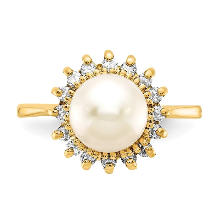 Goldiacom Rings 14K Yellow Gold 75mm FW Cultured Pearl AA Real Diamond ring