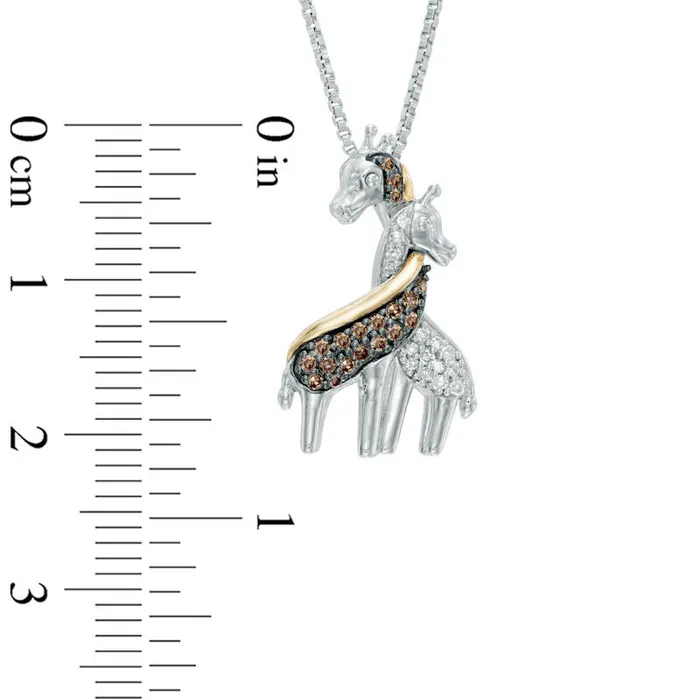 Goldia Necklaces 017 CT TW Enhanced Champagne and White Natural Diamond Loving Giraffe Pendant in Sterling Silver and 14K Gold