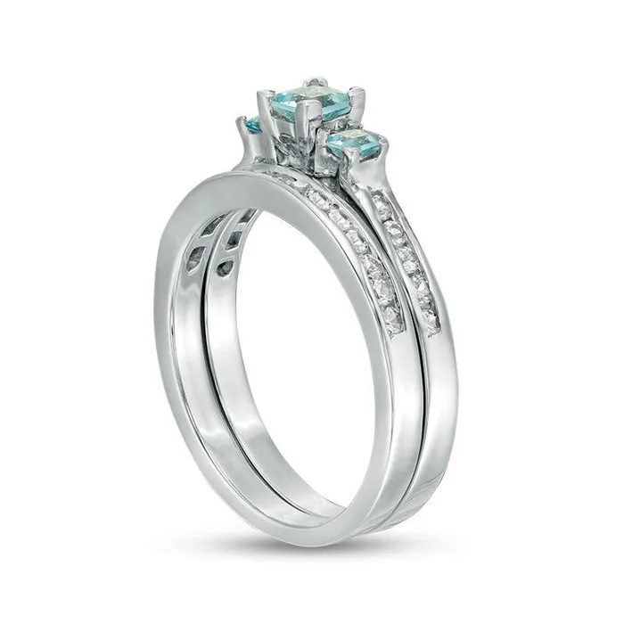 Goldia PrincessCut Aquamarine and LabCreated White Sapphire Three Stone Bridal Engagement Ring Set in Sterling Silver Rings Goldia PrincessCut Aquamarine and LabCreated White Sapphire Three Stone Bridal Engagement Ring Set in Sterling Silver Rings