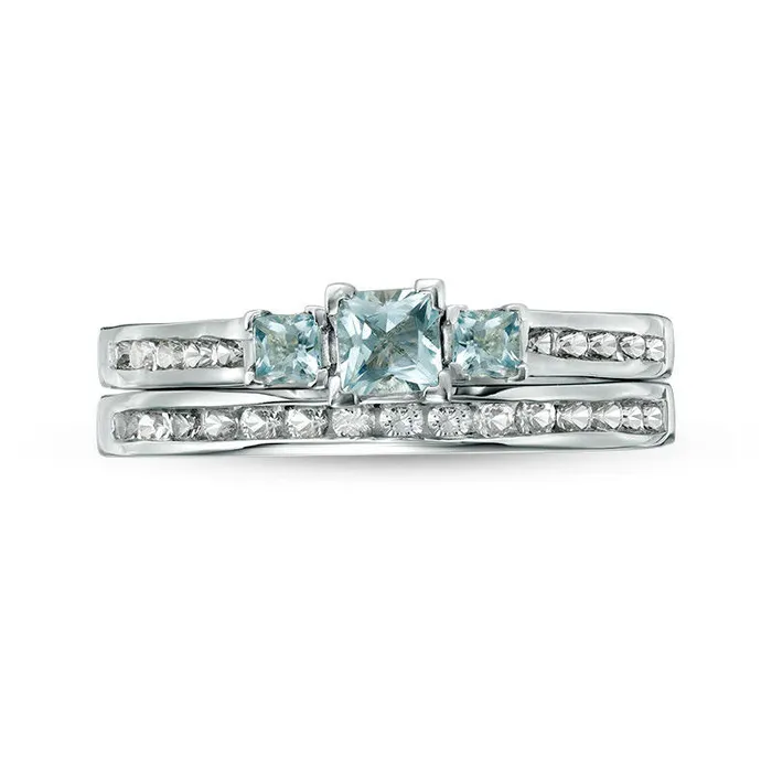 Goldia PrincessCut Aquamarine and LabCreated White Sapphire Three Stone Bridal Engagement Ring Set in Sterling Silver Rings Goldia PrincessCut Aquamarine and LabCreated White Sapphire Three Stone Bridal Engagement Ring Set in Sterling Silver Rings