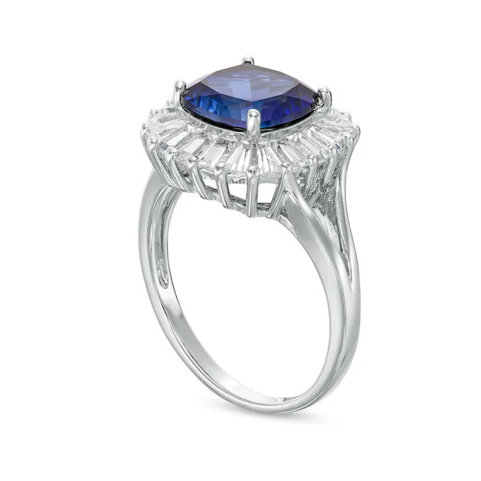 Goldia Rings 90mm CushionCut Blue and White LabCreated Sapphire Frame Split Shank Ring in Sterling Silver