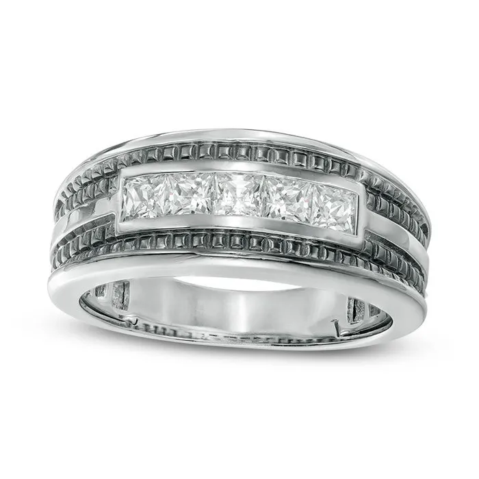 Goldia Rings Mens 10 CT TW SquareCut Natural Diamond Five Stone Wedding Band in Solid 14K White Gold with Black Rhodium