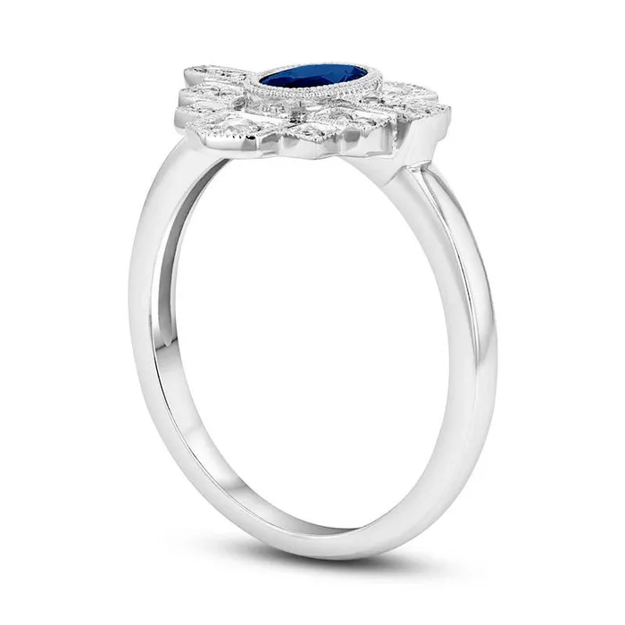 Goldia Rings Oval Blue Sapphire and 020 CT TW Natural Diamond Art Deco Frame Ring in Solid 14K White Gold