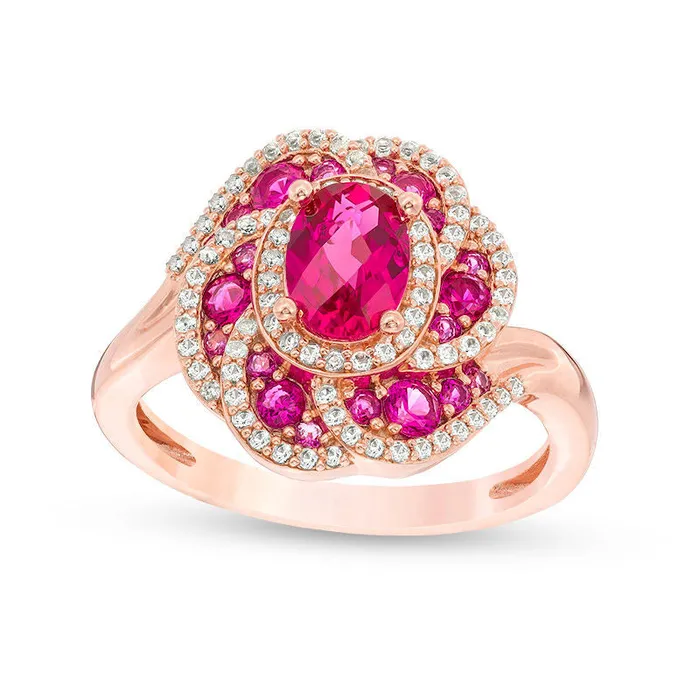 Goldia Rings Oval LabCreated Ruby and White Sapphire Flower Frame Ring in Sterling Silver with Solid 14K Rose Gold Plate