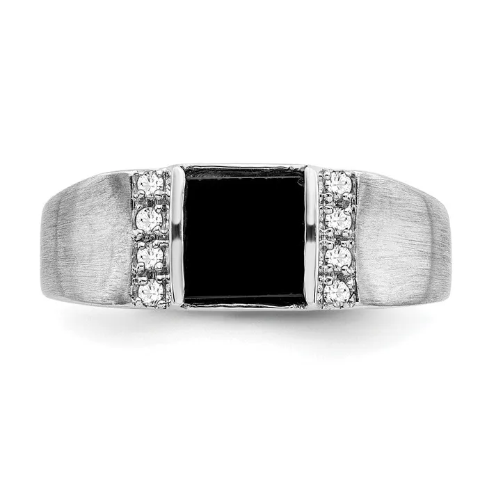 Goldia Rings Solid 14k White Gold Square Simulated Onyx and CZ Mens Ring