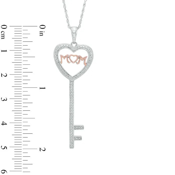 Natural Diamond Accent HeartTop Key with MOM Pendant in Sterling Silver and 10K Rose Gold Plate Goldia Necklaces