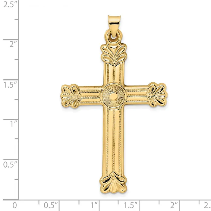 Necklaces 14k Yellow Gold Polished and Textured Solid Circle Center Cross Pendant Goldia
