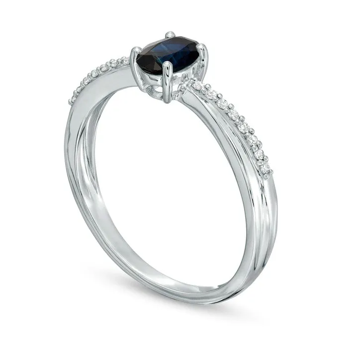 Oval Blue Sapphire and 007 CT TW Natural Diamond CrissCross Ring in Solid 10K White Gold Goldia Rings Oval Blue Sapphire and 007 CT TW Natural Diamond CrissCross Ring in Solid 10K White Gold Goldia Rings