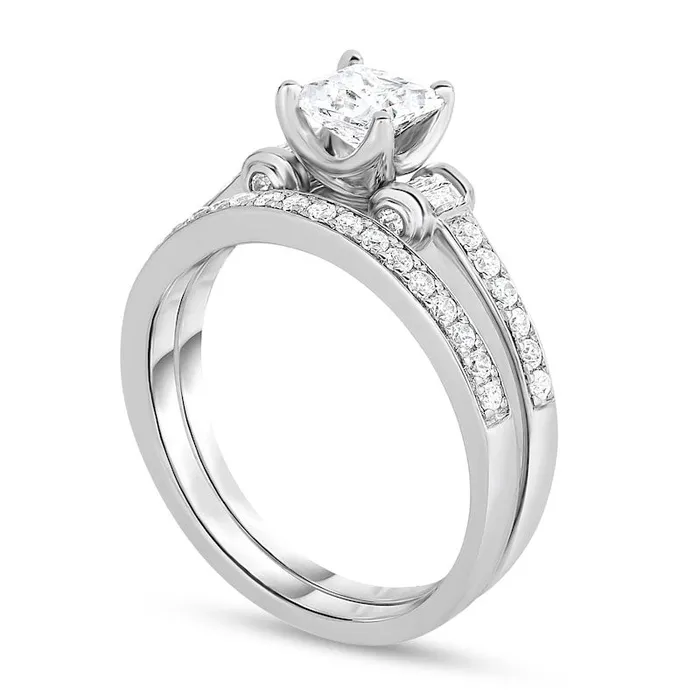 Rings Goldia 138 CT TW PrincessCut Natural Diamond Collar Bridal Engagement Ring Set in Solid 14K White Gold