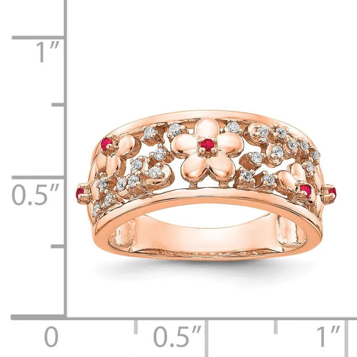 Rings Solid 14k Rose Gold Simulated CZ and Ruby Flower Ring Goldia