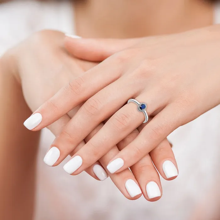Rings Solid 14k White Gold Simulated CZ and Oval Cabochon Sapphire Ring Goldia
