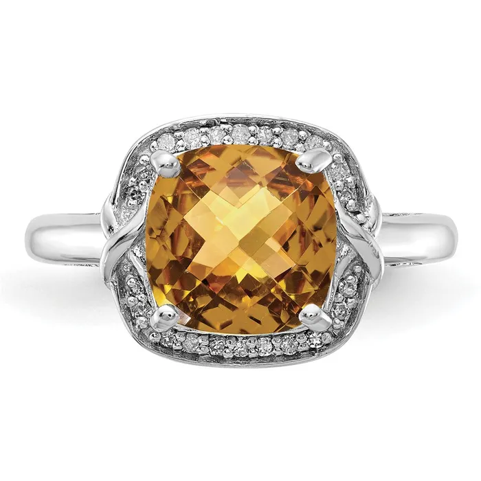 Sterling Silver Rhodium Diamond u0026 CheckerCut Whiskey Quartz Ring Goldia Rings
