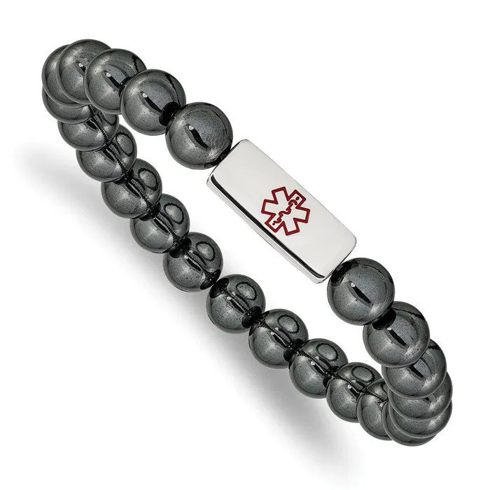 Chisel Stainless Steel Polished with Red Enamel Medical ID 8mm Hematite Beaded Stretch Bracelet TreasureFineJewelers Bracelets