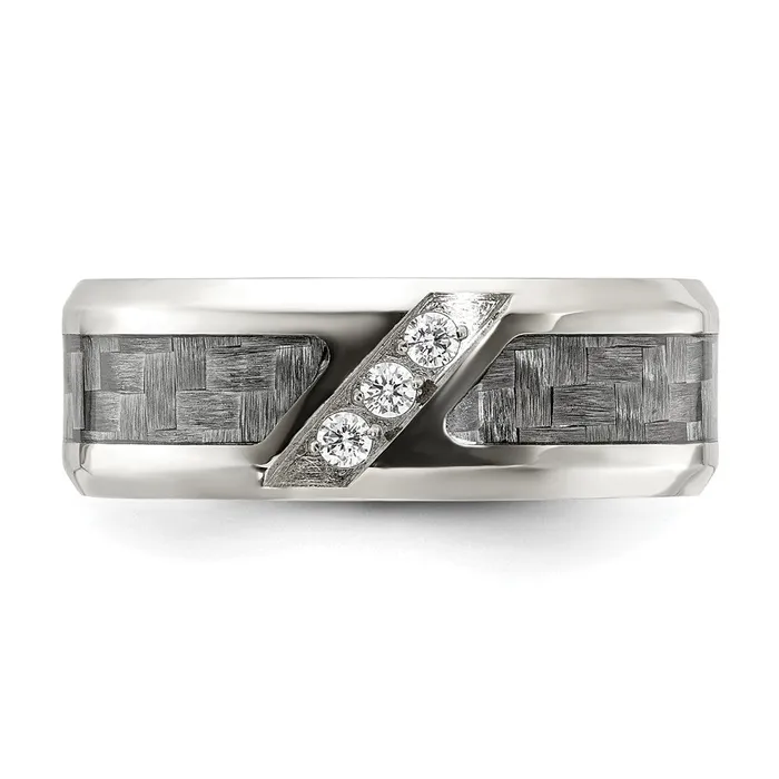 Stainless Steel Polsihed with Gray Carbon Fiber Inlay CZ 8mm Band TreasureFineJewelers Rings