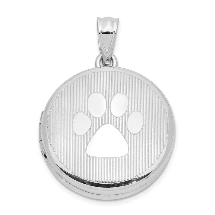 Sterling Silver Rhodium 20mm Grooved Polished Pawprint Round Locket TreasureFineJewelers Rings Sterling Silver Rhodium 20mm Grooved Polished Pawprint Round Locket TreasureFineJewelers Rings