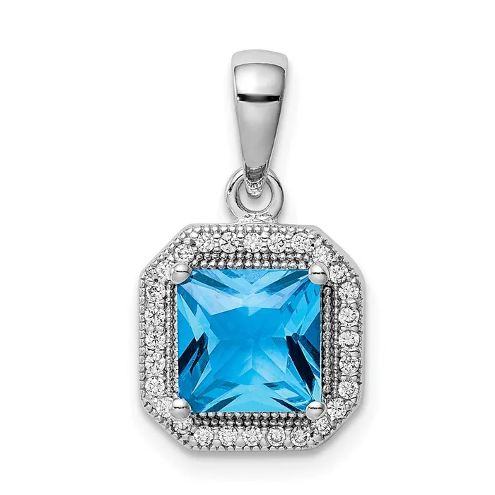Sterling Silver Rhodium Plated Clear CZ and Square Blue CZ Pendant TreasureFineJewelers Necklaces Sterling Silver Rhodium Plated Clear CZ and Square Blue CZ Pendant TreasureFineJewelers Necklaces