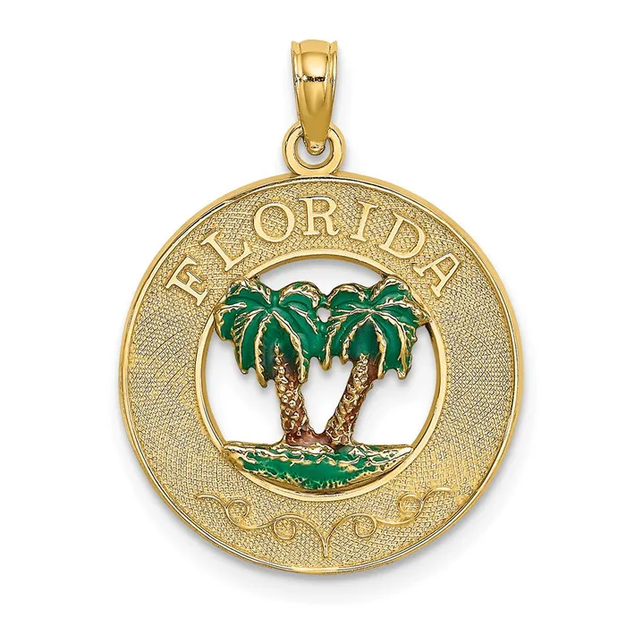 TreasureFineJewelers Charm Necklaces 14K Florida Enamel Palm Trees Circle Charm