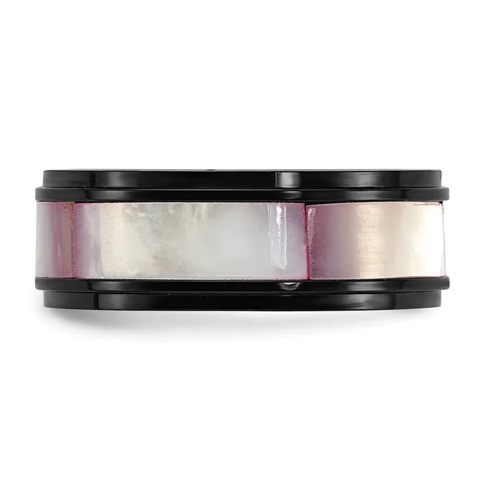 TreasureFineJewelers Rings Titanium Black IPplated Pink Mother of Pearl Inlay 8mm Band