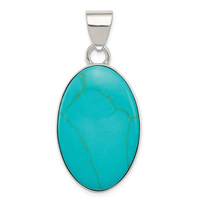 TreasureFineJewelers Sterling Silver Turquoise Polished Oval Pendant Necklaces