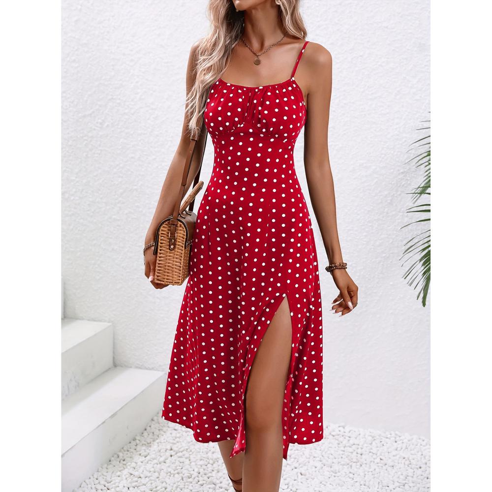 Dresses & Jumpsuits | Polka Dot Square Neck Midi Slip Dress  – Womens Clothing Dresses & Jumpsuits