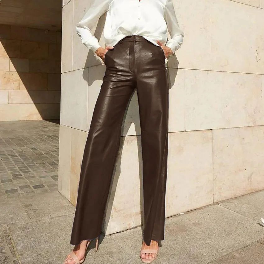 Pants | Faux Leather Straight Leg Trousers  – Womens Clothing Pants