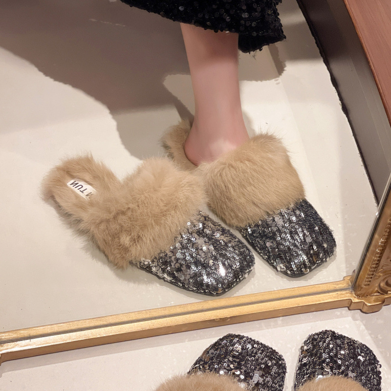 Slippers | Sequin Faux Fur Cuff Mule Slippers  – Womens Footwear Slippers