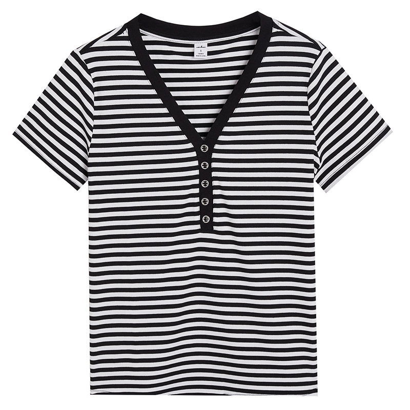 Tops | Cotton Rich Ribbed Striped V-Neck Top  – Womens Clothing Tops